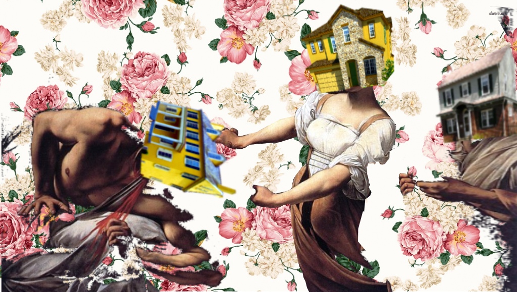 HomeSweetHouse · figures with house-heads · floral background