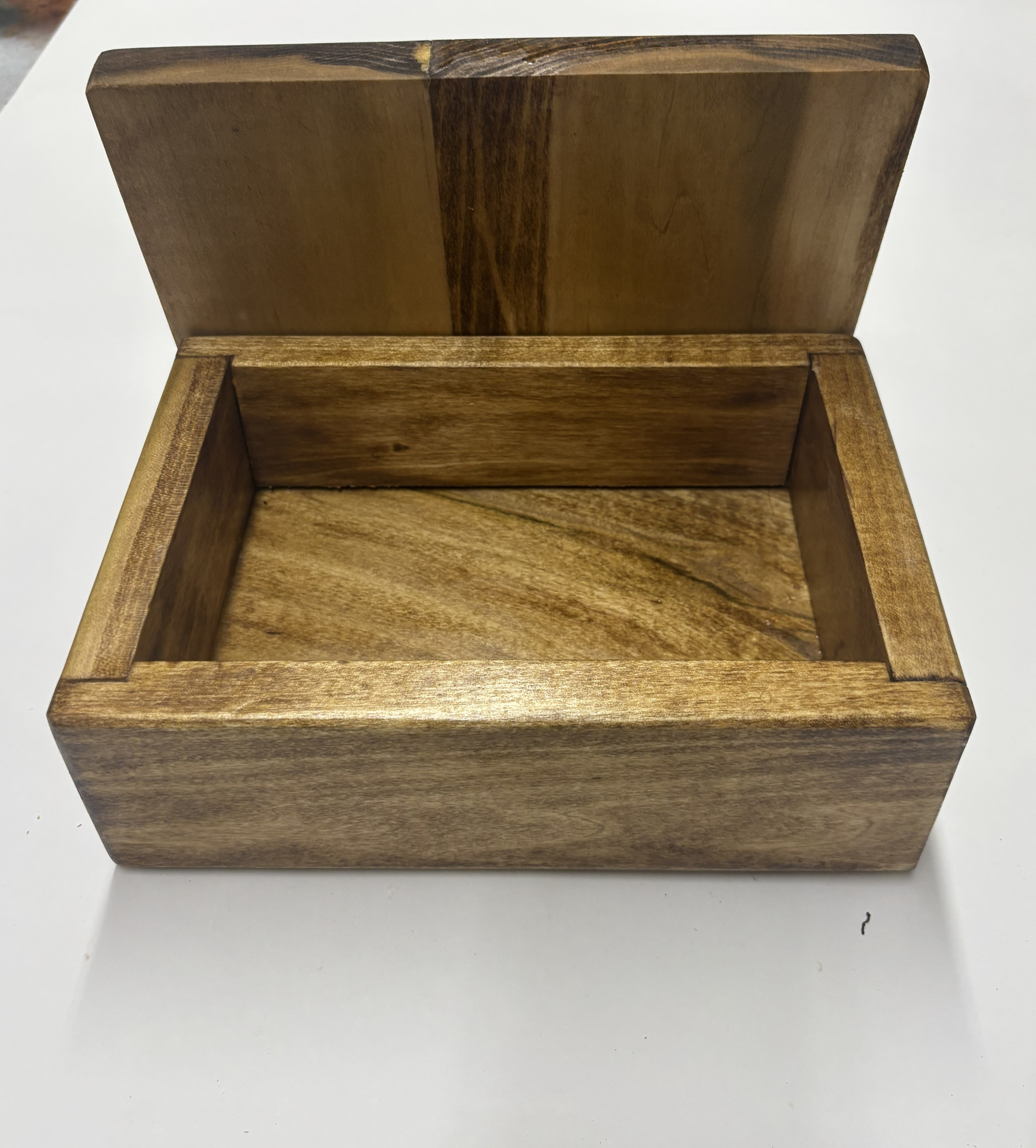 Student woodworking: walnut box, open